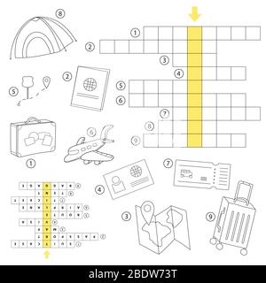 Kreuzworträtsel-Spiel für Kinder Aktivität Vorschule Arbeitsblatt. Lernen Sie englische Wörter. Vektor Cartoon Illustration. Stock Vektor