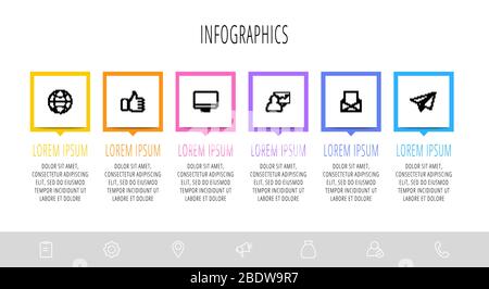 Vektor flache Infografiken mit 6 Elementen mit Pfeilen. Business Template aus sechs Teilen, Optionen, Prozessen. Konzept der modernen Gestaltung für Diagramm Stock Vektor