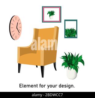 Sessel isoliert auf weißem Hintergrund. Vektorgrafik. Innenraumausstattung. Wanduhr, Blume in Blumentöpfen, Gemälde. Stock Vektor