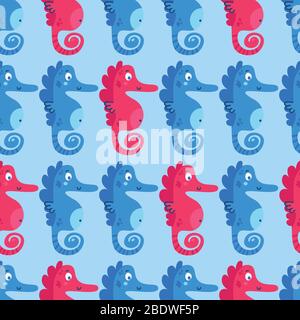 Cartoon Farbe Seepferdchen nahtlose Muster auf dem blauen Hintergrund Stock Vektor