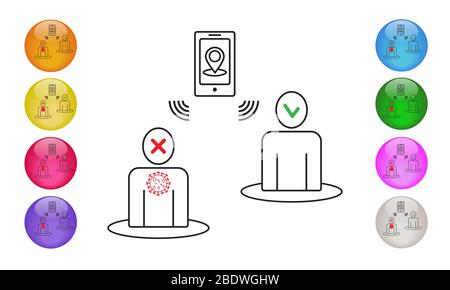 Mobile Map Tracker Covid-19. Smartphone Gesundheit Virus Tracking Standort App Gliederungssymbole. Vektorgrafik EPS 10 Stockfoto