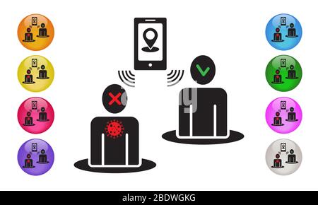 Mobile Map Tracker Covid-19. Smartphone Gesundheit Virus Tracking Standort App Symbole. Vektorgrafik EPS 10 Stockfoto