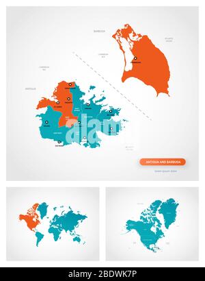 Editierbare Vorlage der Karte von Antigua und Barbuda mit Markierungen. Antigua und Barbuda auf Weltkarte und auf Nordamerika Karte. Stock Vektor