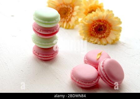 Eine französische süße Delikatesse, bunte Makronen Varietät Nahaufnahme mit Blumen auf weißem Hintergrund. Leckere Makronen bunte Textur. Stockfoto