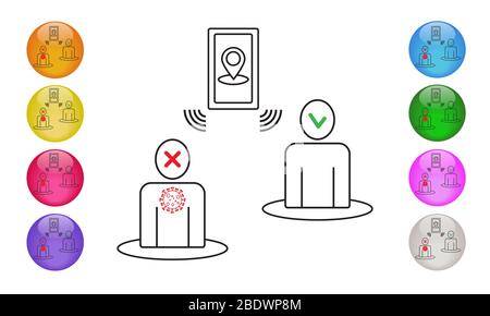 Mobile Map Tracker Covid-19. Smartphone Gesundheit Virus Tracking Standort App Gliederungssymbole. Vektorgrafik EPS 10 Stockfoto