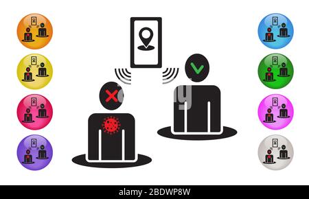 Mobile Map Tracker Covid-19. Smartphone Gesundheit Virus Tracking Standort App Symbole. Vektorgrafik EPS 10 Stockfoto