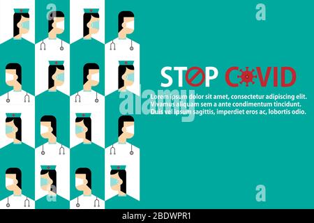 CoVID-19 Elements Banner, Arzt & Krankenschwester tragen Schutzmasken zu zeigen Coronavirus 2019 Symptome und Risikofaktoren Gesundheit und Medizin. Novel Pn Stock Vektor