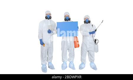 Epidemiologen halten ein weißes Brett auf weißem Hintergrund. Stockfoto