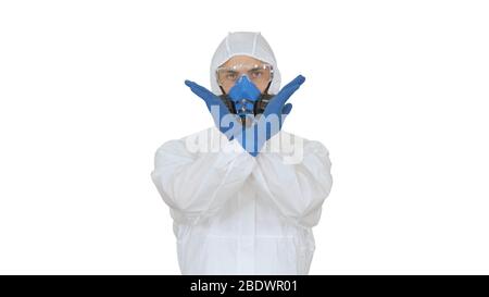 Epidemiologe zeigt Stoppschild und zeigt Kreuz mit der Hand Stockfoto