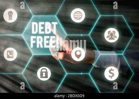 Textschild mit Schuldenfrei. Business Foto Text frei von Besitz jedes Geld zu jeder Person oder ein Unternehmen Stockfoto