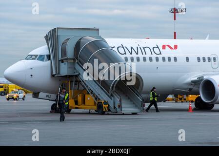 Oktober 29, 2019, Moskau, Russland. Flugzeug Boeing 737-800 Nordwind Fluggesellschaften am Flughafen Scheremetjewo in Moskau. Stockfoto