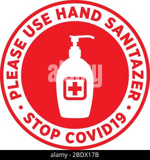 Bitte verwenden Sie die Schilder oder Sticker von Desinfektionsmittel, um das Risiko zu verringern, Coronavirus Covid-19 zu fangen. Vektorzeichen. Stock Vektor