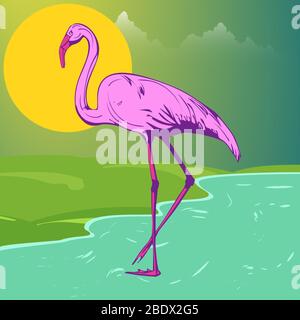 Schöner rosa Flamingo am Ufer des Sees vor dem Hintergrund von grünen Wiesen und Sonnenuntergang. Vektorgrafik. Stock Vektor