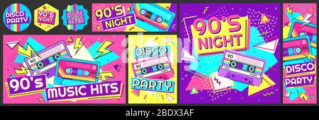 Flippiges 90s Disco Party Poster. Neunziger Musik Hits Banner, 90er tanzen Nacht einladen und Retro-Stereo-Band Vektor-Illustration-Set Stock Vektor