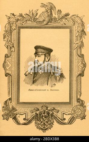 Europa, Deutschland, Niedersachsen, Hannover, Ferdinand ( ? ) Von Kummer, preußischer General der Infantrie, Porträt, in einem Rahmen, Motiv aus : ' der Krieg zwischen Frankreich und Deutschland in den Jahren 1870-1871 ' , von J. Scheibert, Verlag von W. Pauli´s Nachfolger ( H. Jerosch ) , Berlin, 1895 . / Europa, Deutschland, Ferdinand ( ? ) Von Kummer, preußischer Infanteriegeneral, Portrait, in einem Rahmen, Bild aus: ' der Krieg zwischen Frankreich und Deutschland in den Jahren 1870-1871 ' ( der Krieg zwischen Frankreich und Deutschland 1870-1871 ), von J. Scheibert, Verlag W. Pauli´s suc Stockfoto