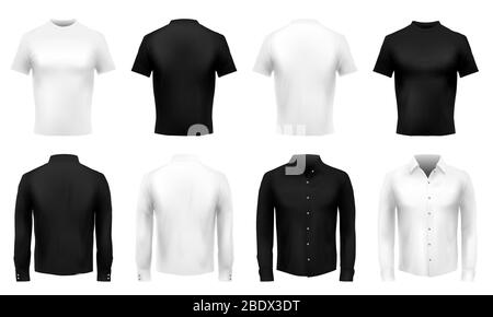 Realistisches T-Shirt und Shirt Mockup. Formelle männliche Uniform, schwarz getragene und weiße Hemden. Realistische 3D Kleidung Vektor Vorlage Set Stock Vektor