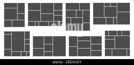 Quadratische Fotocollage. Fotos Raster Vorlage, rechteckigen Rahmen und Bilder Zusammensetzung Vektor-Vorlagen gesetzt Stock Vektor