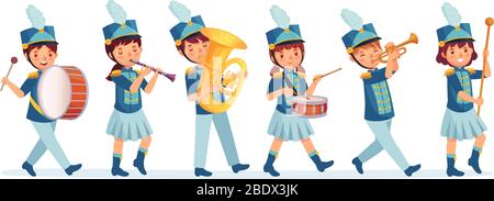 Cartoon Kinder marschieren Band Parade. Kinder Musiker im märz, Kinder laut spielen Musikinstrumente Cartoon Vektor Illustration Stock Vektor