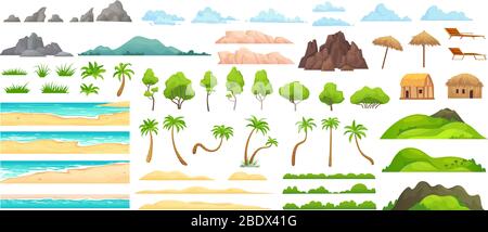 Strandlandschaft Konstrukteur. Sandstrände, tropische Palmen, Berge und Hügel. Ozean Horizont, Wolken und grüne Bäume Cartoon Vektor Illustration Set Stock Vektor