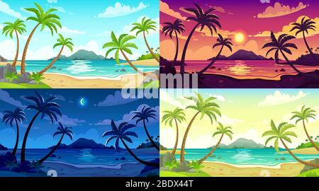Tagsüber Strandlandschaft. Sonniger Tag Seenlandschaft, Nacht Meer und Sonnenuntergang Strand Cartoon Vektor Illustration Set Stock Vektor