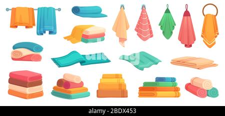 Badetücher aus Stoff. Bunte saubere Badewanne Handtuch, weiche Textilien und Stapel von Handtüchern Cartoon Vektor-Set Stock Vektor