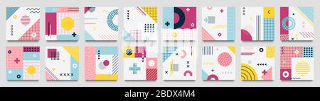 Abstrakte neo memphis geometrische Muster. Geo-Raster Quadrat, Farbe modernen geometrischen Hintergrund mit Linien und gepunkteten Muster Vektor gesetzt Stock Vektor