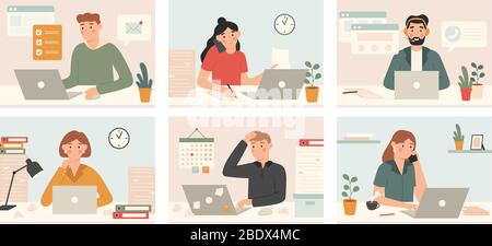 Beschäftigte Mitarbeiter arbeiten mit einem Laptop. Deadline, müde überarbeiteten Menschen mit zu vielen Aufgaben und Büroarbeit Prozesse Vektor-Illustration gesetzt Stock Vektor