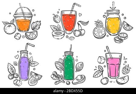 Skizzieren Sie Smoothie. Gesunde Supernahrungsmittel, Glas Obst und Beeren Smoothies und geschlickt natürlichen Früchten Hand gezeichnet Vektor-Illustration-Set Stock Vektor