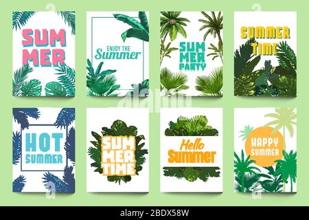 Abstraktes Sommerposter. Genießen Sie den Sommer, Party Einladung und Hallo Sommer Flyer Kunst mit tropischen Palmblättern und Monstera Blätter Vektor-Set Stock Vektor