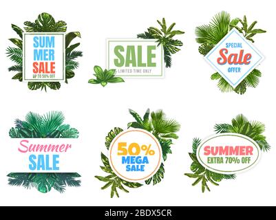 Badges im Sommerangebot. Abstraktes Sale Poster mit tropischen Blättern, Blumenrahmen Label und Sommer Angebot Abzeichen Vektor-Set Stock Vektor