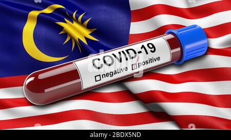 Flagge von Malaysia winkt im Wind mit einem positiven Covid-19 Blutprobe Rohr. 3D-Illustrationskonzept für Blutuntersuchungen zur Diagnose des neuen Coron Stockfoto