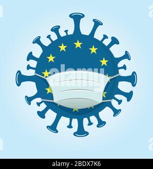 europa-Symbol in weißer medizinischer Gesichtsmaske. Konzept der Coronavirus Quarantäne Vektor Illustration. Stock Vektor