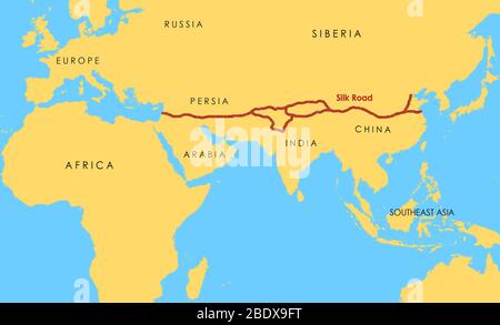 Eine Karte zeigt die Hauptroute der Seidenstraße, die zwischen dem 2. Jahrhundert v. Chr. und dem 18. Jahrhundert Ost und West verband. Die Seidenstraße leitet ihren Namen vom lukrativen Handel mit Seide ab, der entlang ihrer Länge durchgeführt wird.
