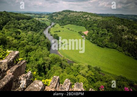 Blick auf den Fluss Wye, während das Wye Tal am aussichtspunkt des symonds yat-Felsens vorbeischlängelt. Stockfoto