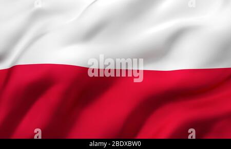 Flagge Polens weht im Wind. Ganze Seite Polnische Flugflagge. 3D-Darstellung. Stockfoto