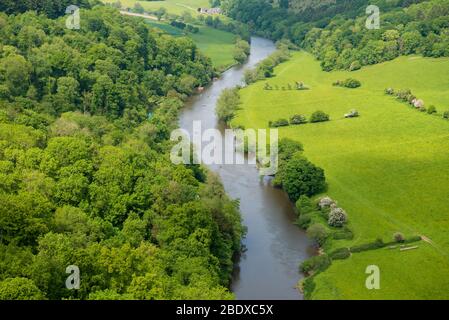 Blick auf den Fluss Wye, während das Wye Tal am aussichtspunkt des symonds yat-Felsens vorbeischlängelt. Stockfoto