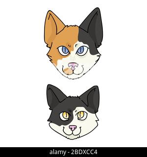 Nette Karikatur japanische Bobtail Katze und Kätzchen Gesicht Vektor Clipart. Ahnenkätzchen Rasse für Katzenliebhaber. Reinrassige calico Hauskatzen für Haustierstube Stock Vektor