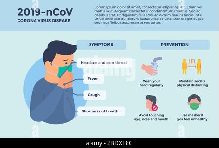 corona covid-19 Infografiken Informationssammlung mit Symptomen und Prävention mit modernen flachen Vektor Stockfoto