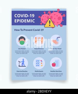 Flyer für Corona Virus covid-19 Prävention Infografik Informationen für Vorlage Banner mit modernen flachen Stil Vektor Stockfoto