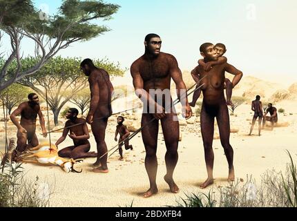 Homo Erectus Stammesjagd, prähistorische Vorfahren des modernen Menschen vor 1.8 Millionen Jahren, 3d-Renderdarstellung Stockfoto
