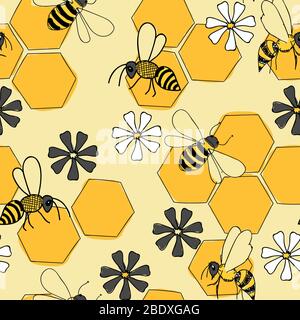 Bienen und Blumen nahtloses Vektormuster auf gelblichem Wabenhintergrund Stock Vektor
