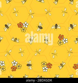 Bienen und Blumen nahtloses Vektormuster auf gelblichem Wabenhintergrund Stock Vektor