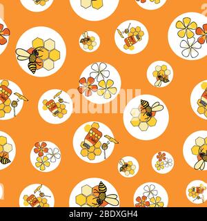 Bienen und Blumen und Waben nahtloses Muster Vektor auf orangefarbenem Hintergrund. Flächenmuster, Kacheldesign Stock Vektor