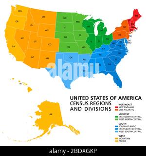 Vereinigte Staaten, Census Regionen und Divisionen, politische Karte. Definition der Region, die häufig für die Datenerfassung und -Analyse verwendet wird. Stockfoto