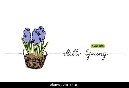 Hallo Frühling Web-Banner, Hintergrund, Gruß. Hyazinth Vektor Skizze und Schriftzug Hello Spring. Stock Vektor