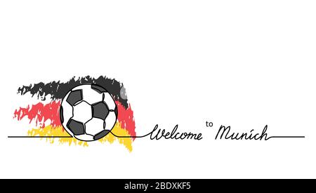 Willkommen bei München einfaches Fußball, Fußball Banner. Vektor Hintergrund mit Fußball Skizze und Deutschland Flagge mit Schriftzug. Stock Vektor