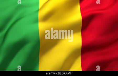 Flagge von Mali weht im Wind. Ganze Seite malische Flagge. 3D-Darstellung. Stockfoto