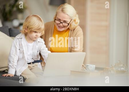 Ältere Frau in Brillen mit Laptop und ihrem Enkel einige Online-Übungen zu Hause beibringen Stockfoto