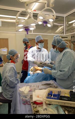 Chirurgen und Techniker führen eine Metallplatte in den Fußbereich des Fußes eines Patienten ein, um einen Knochenbruch und ein beschädigtes Gelenk zu reparieren. Stockfoto