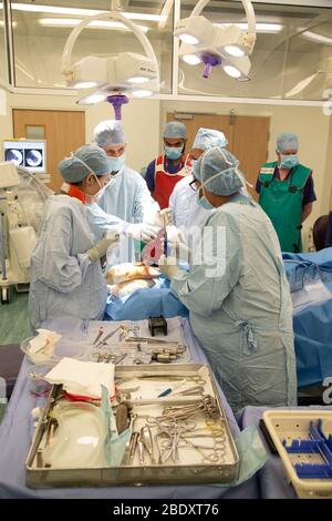 Chirurgen und Techniker führen eine Metallplatte in den Fußbereich des Fußes eines Patienten ein, um einen Knochenbruch und ein beschädigtes Gelenk zu reparieren. Stockfoto